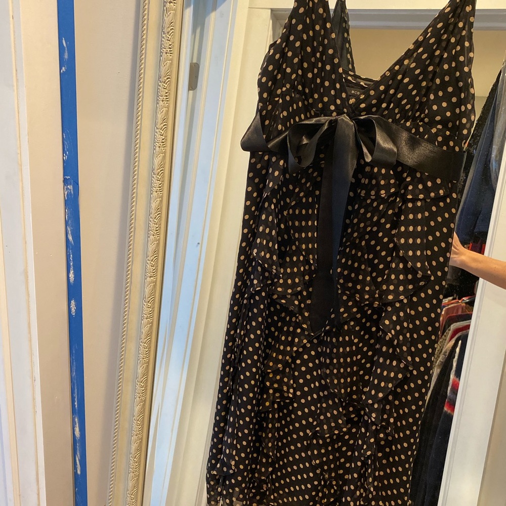 BCBG black and beige polka dot chiffon mini dress